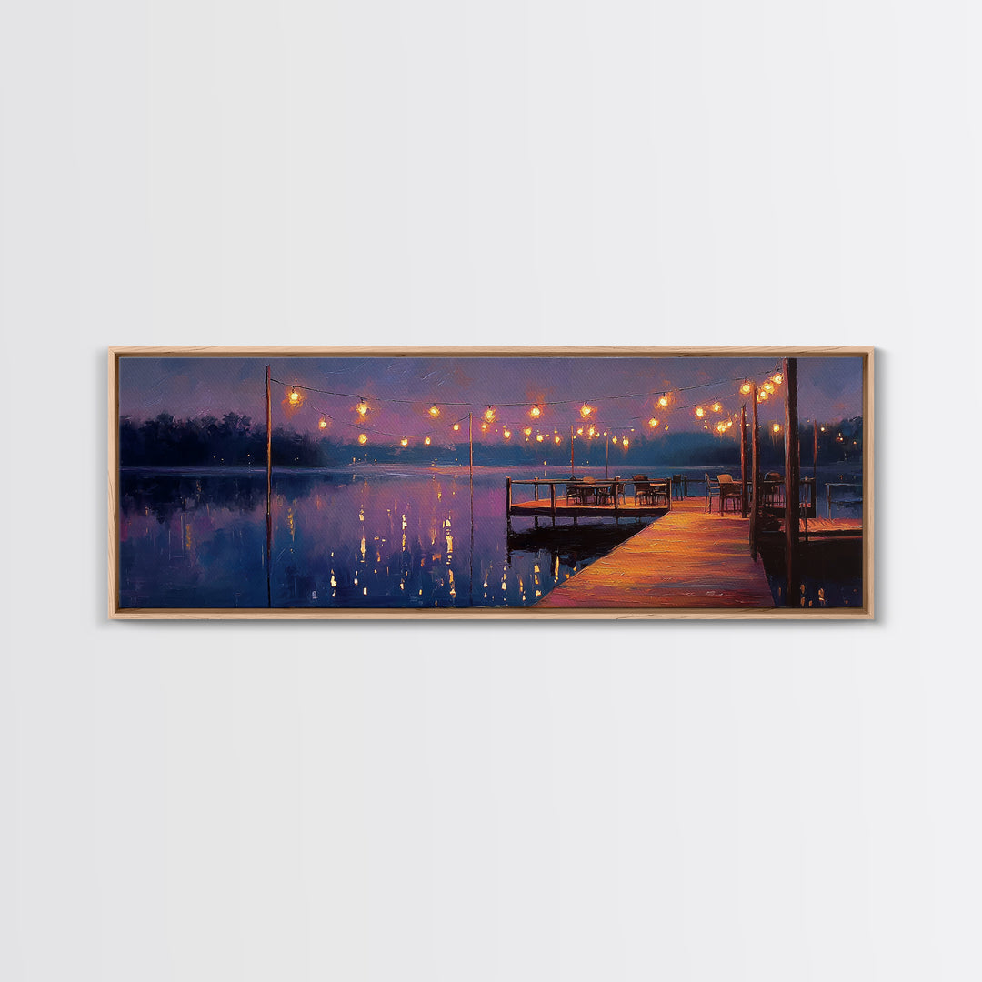 Cozy Lakeside Evening With Warm Lights Over Water - Serene Landscape Wall Art Framed Canvas Print For Relaxing Home Decor