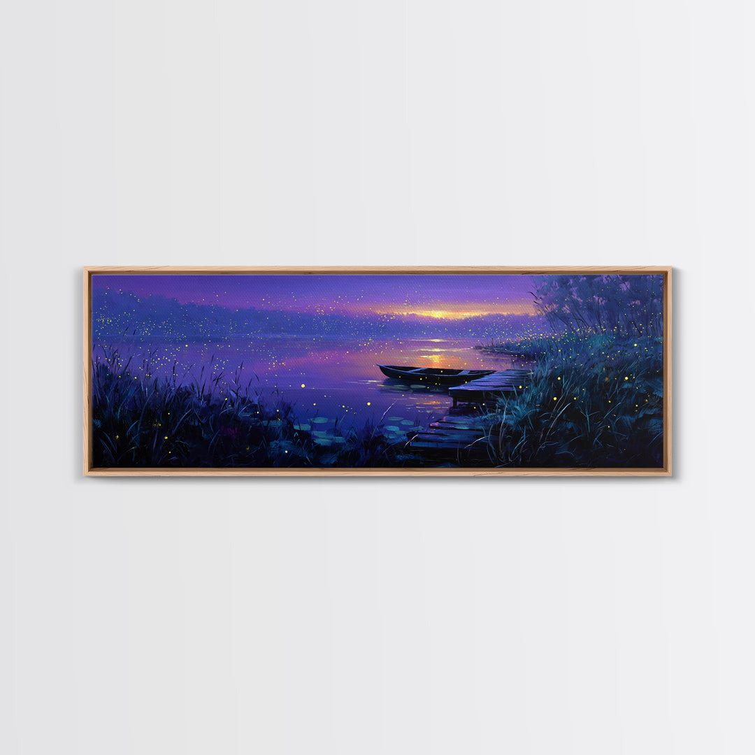 Serene Nighttime Lake Scene With Boat And Fireflies Peaceful Landscape Wall Art Canvas Print