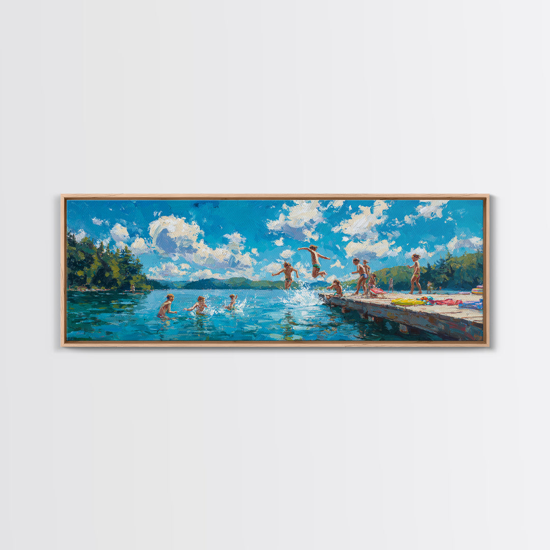 Energetic Summer Kids Jumping Into Lake Water From Dock Painting Vibrant Outdoor Scene Wall Art Framed Canvas Print For Playful Decor
