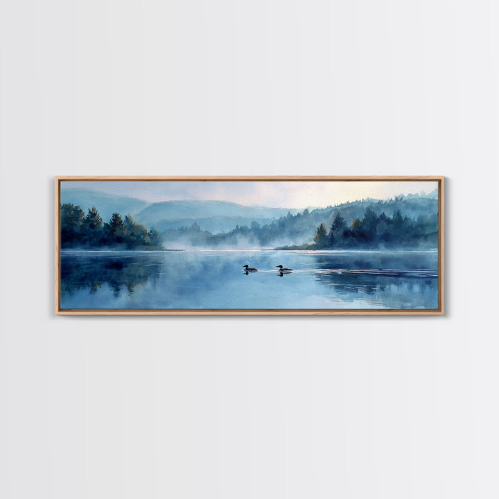 Mystical Lakeside Scene With Two Loons Swimming Among Misty Trees Watercolor Painting Canvas Print For Nature Wall Art