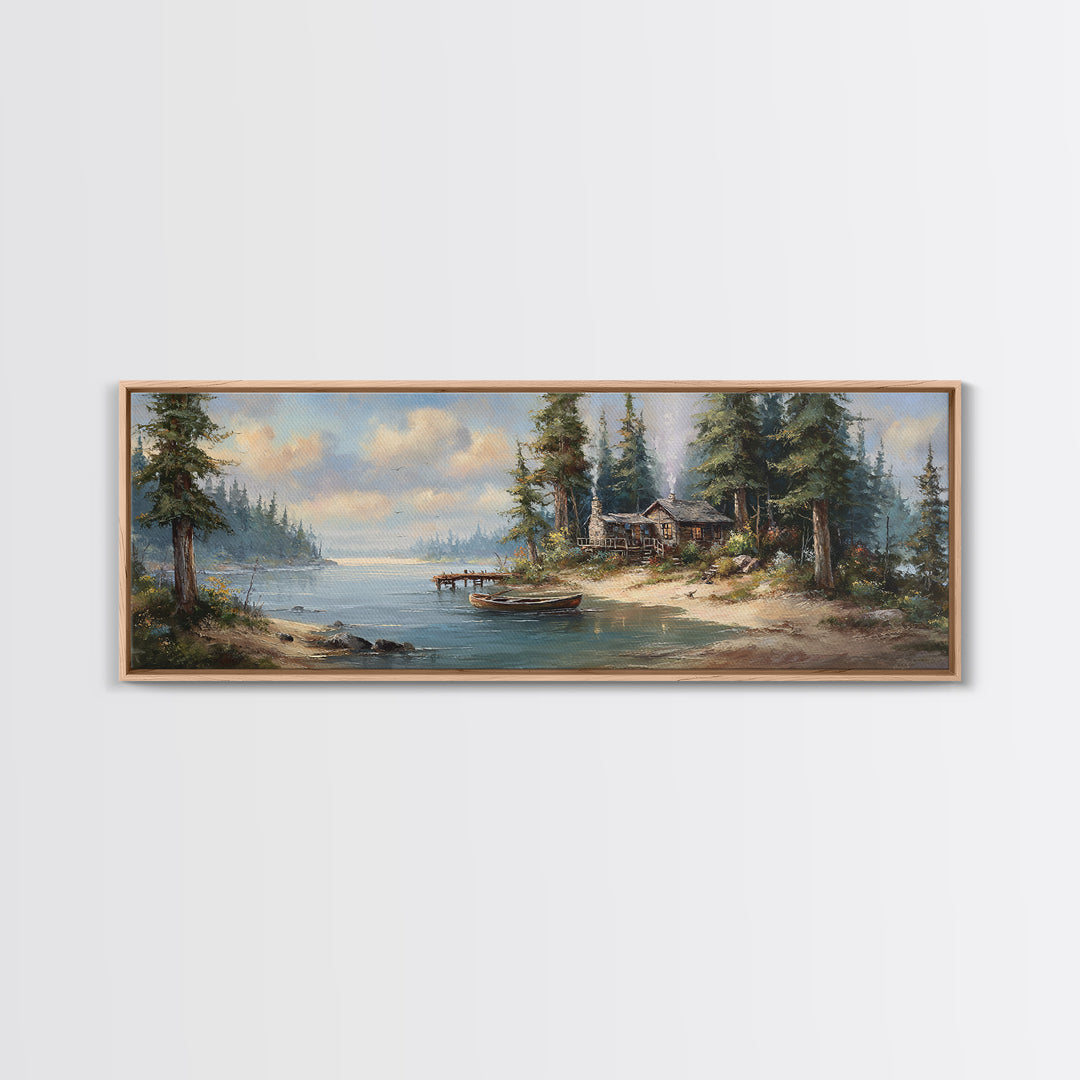 Rustic Cabin By The Lake Painting In A Serene Forest Landscape Wall Art Framed Canvas Print Nature Home Decor