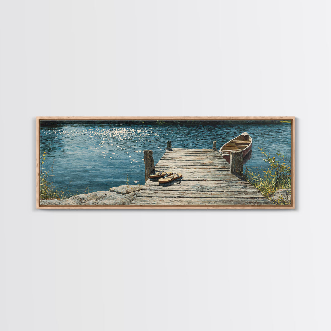 Rustic Lakeside Dock With Flip Flops Oil Painting Wall Art Framed Canvas Print Featuring Serene Water Scene And Cozy Summer Vibes