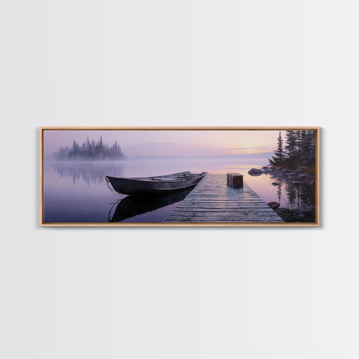 Peaceful Lake At Sunrise With Boat Scenic Landscape Painting Canvas Print For Rustic Home Decor And Large Wall Art