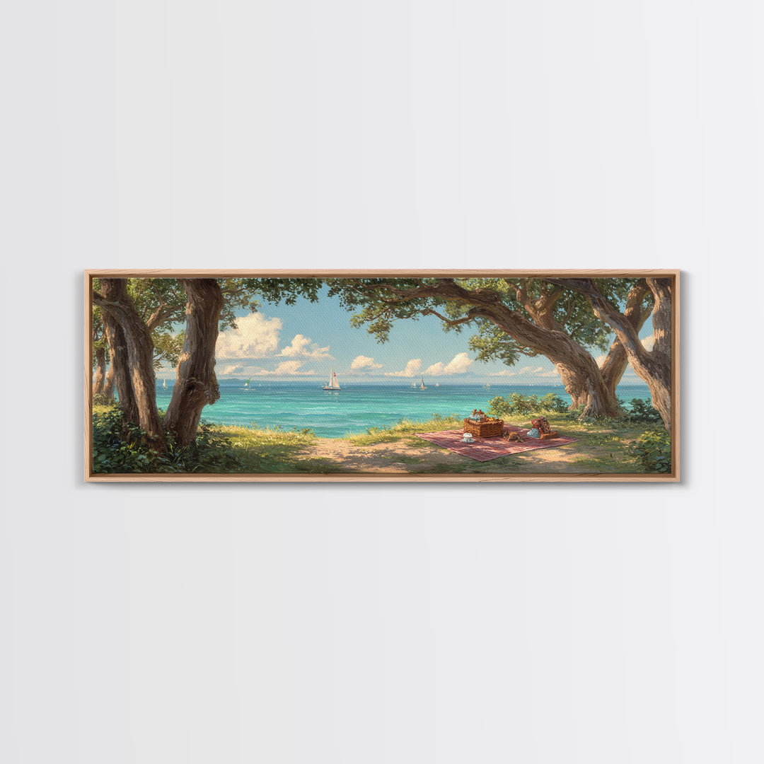 Coastal Picnic Scene With Tranquil Blue Ocean And Sailboats Under Trees - Serene Wall Art Framed Canvas Print For Home Decor