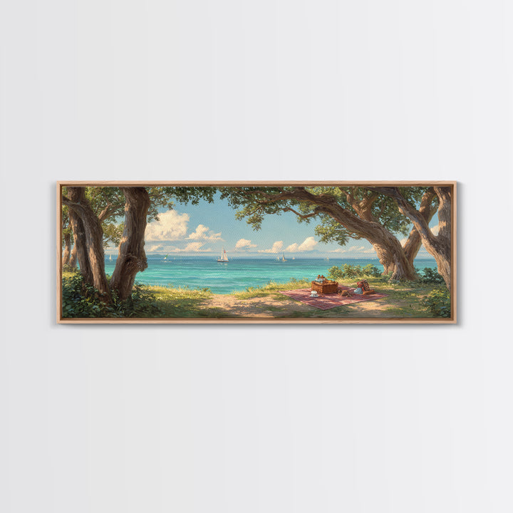 Coastal Picnic Scene With Tranquil Blue Ocean And Sailboats Under Trees - Serene Wall Art Framed Canvas Print For Home Decor