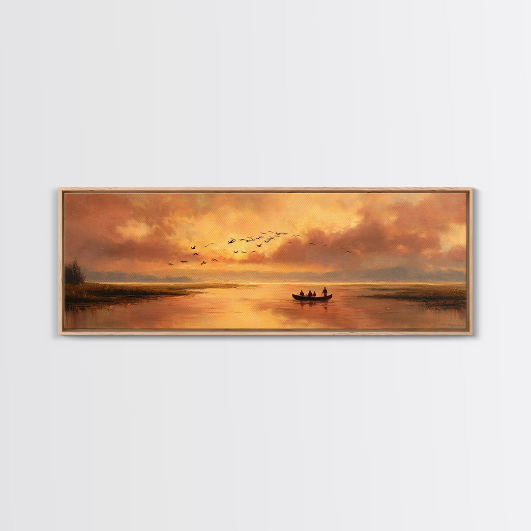 Majestic Canvas Print Featuring Golden Light Over Calm River With Silhouetted Boat Serene Landscape Art For Living Room Home Decor And Tranquil Spaces