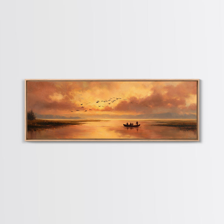 Majestic Canvas Print Featuring Golden Light Over Calm River With Silhouetted Boat Serene Landscape Art For Living Room Home Decor And Tranquil Spaces