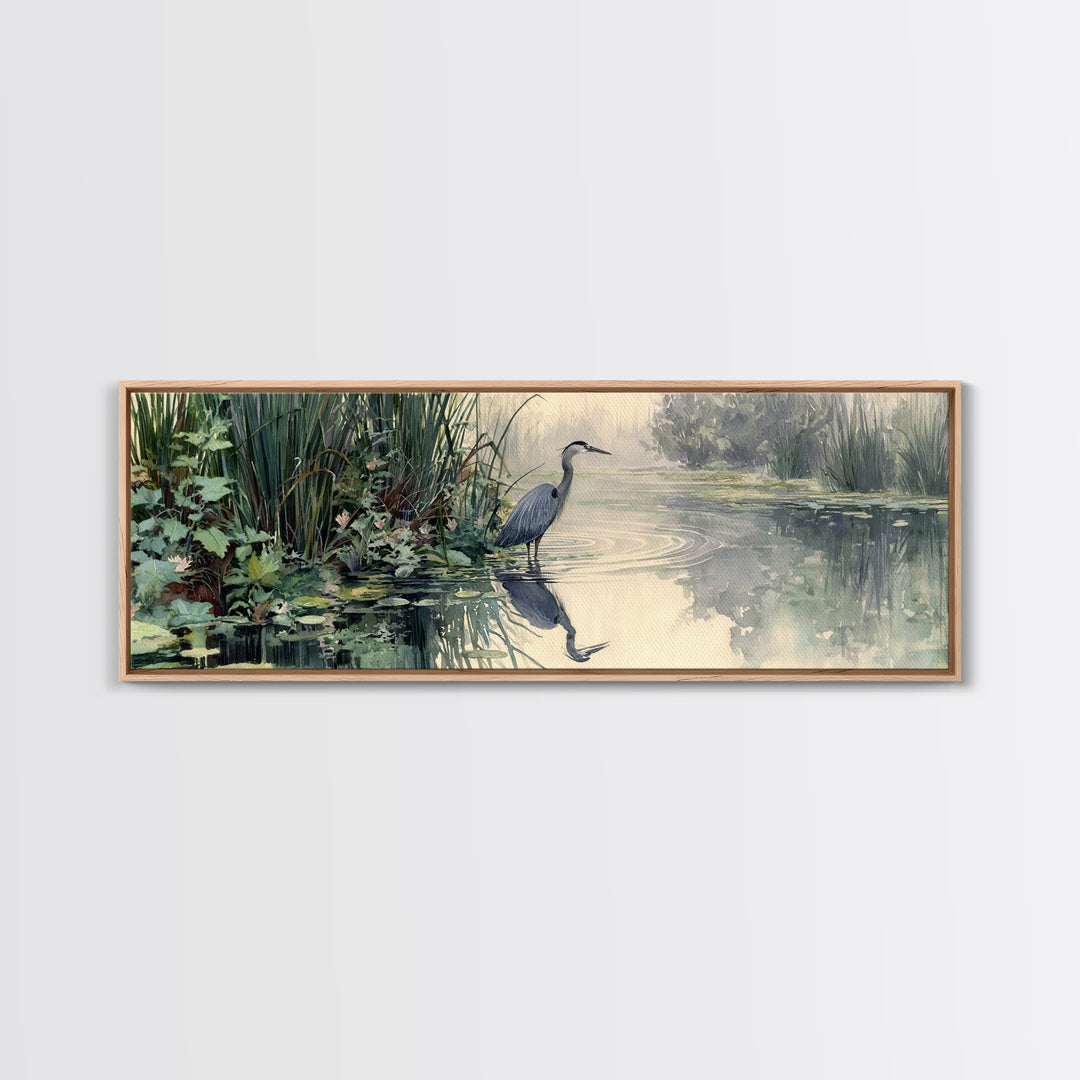 Serene Watercolor Painting Of Heron Standing In Misty Wetlands Surrounded By Lush Vegetation Wall Art