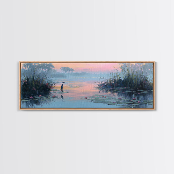Tranquil Wetland Scene With Heron Standing Among Lilies At Sunrise Wall Art Canvas Print For Bedroom Decor