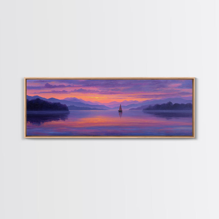 Serene Sunset Lake Landscape With Sailboat And Purple Mountains Painting Wall Art Framed Canvas Print For Tranquil Living Room Decor And Nature Lovers