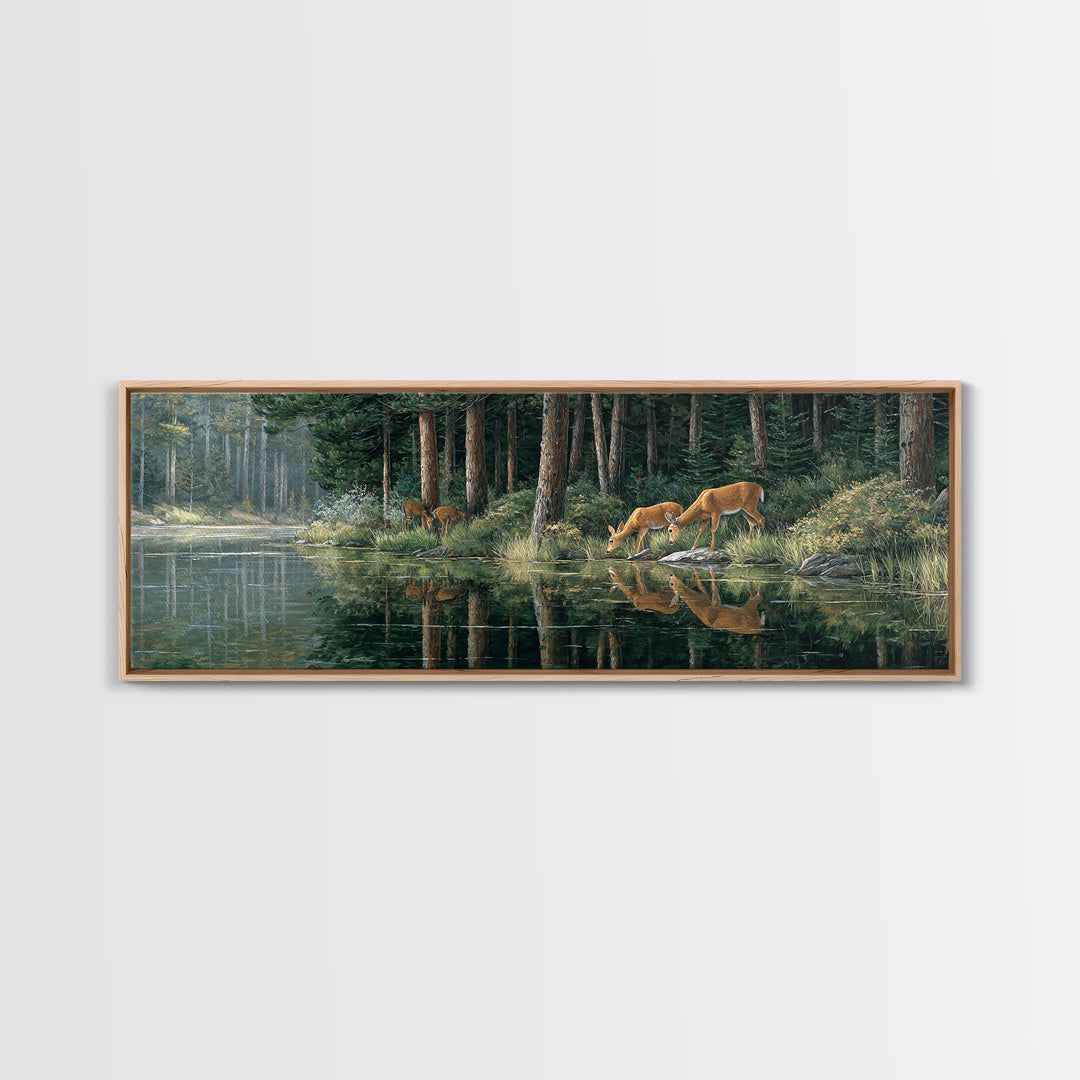Peaceful Forest Scene With Deer Drinking By The Stream Reflective Nature Wall Art For Living Room Decor Framed Canvas Print