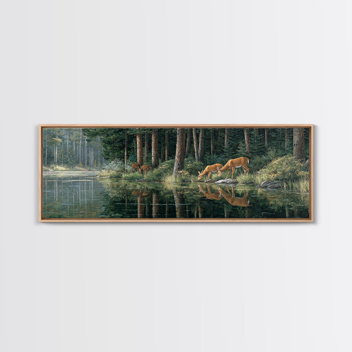 Peaceful Forest Scene With Deer Drinking By The Stream Reflective Nature Wall Art For Living Room Decor Framed Canvas Print