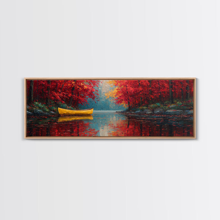 Vibrant Yellow Canoe On Calm Lake With Autumn Red Trees Framed Canvas Print Rustic Fall Wall Art