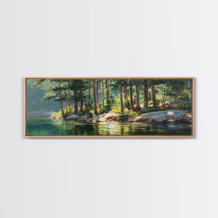 Sunlit Pine Lake Shore Wall Art, Forest Landscape Canvas Print, Nature Wall Decor, Cabin Decor, Large Horizontal Art, Living Room Decor