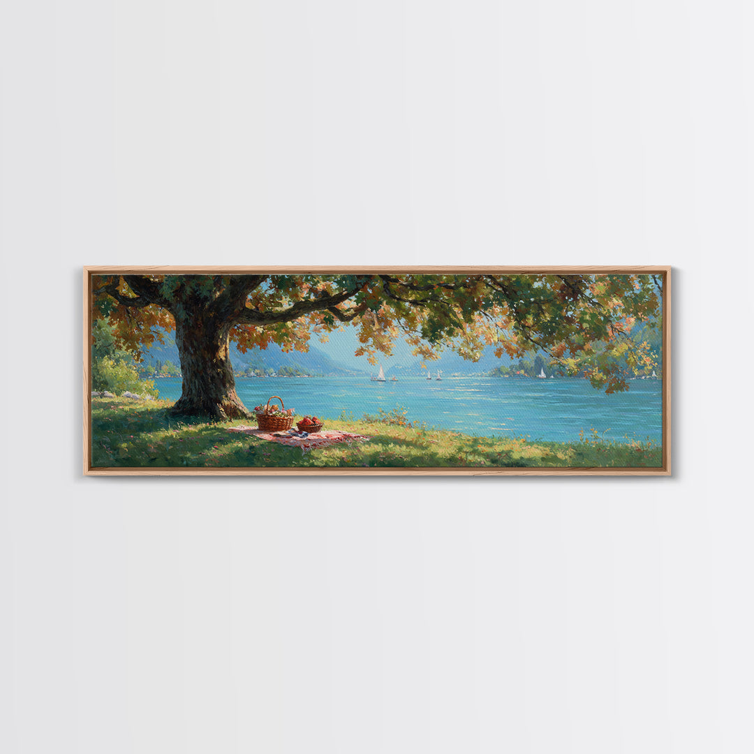 Lakeside Picnic Under Autumn Oak Canvas Print, Coastal Landscape Wall Art, Serene Nature Decor, Living Room Art, Housewarming Gift