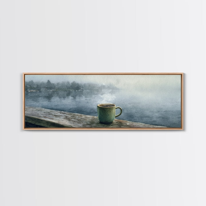 Steaming Coffee Mug On Misty Lake Wall Art, Cozy Cabin Decor, Coffee Bar Print, Rustic Kitchen Art, Serene Morning Landscape