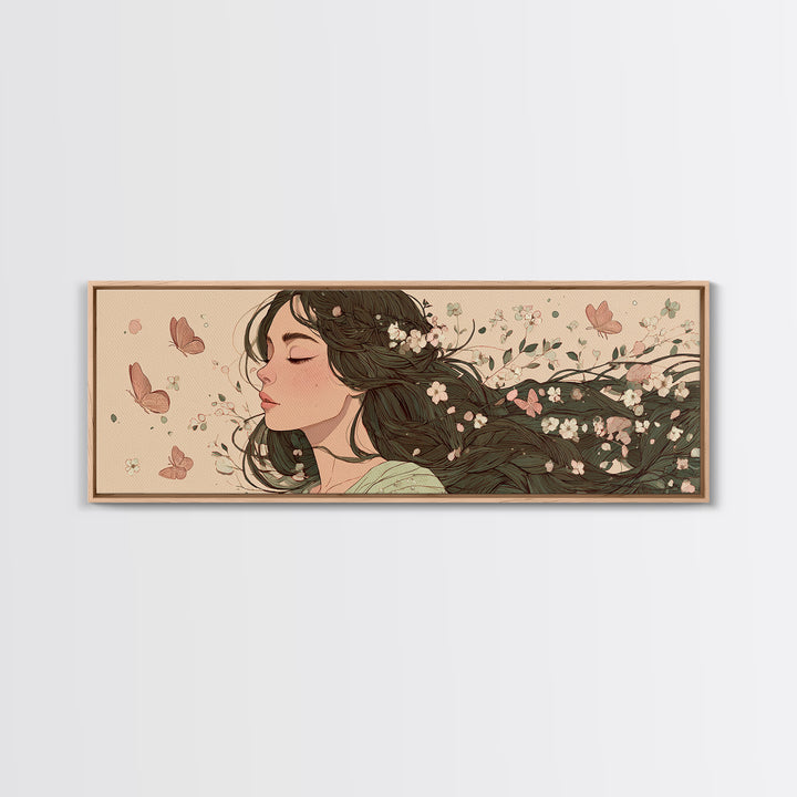 Dreamy Woman With Flowing Hair And Blossoms Canvas Print, Feminine Wall Art, Whimsical Botanical Bedroom Decor Gift For Her