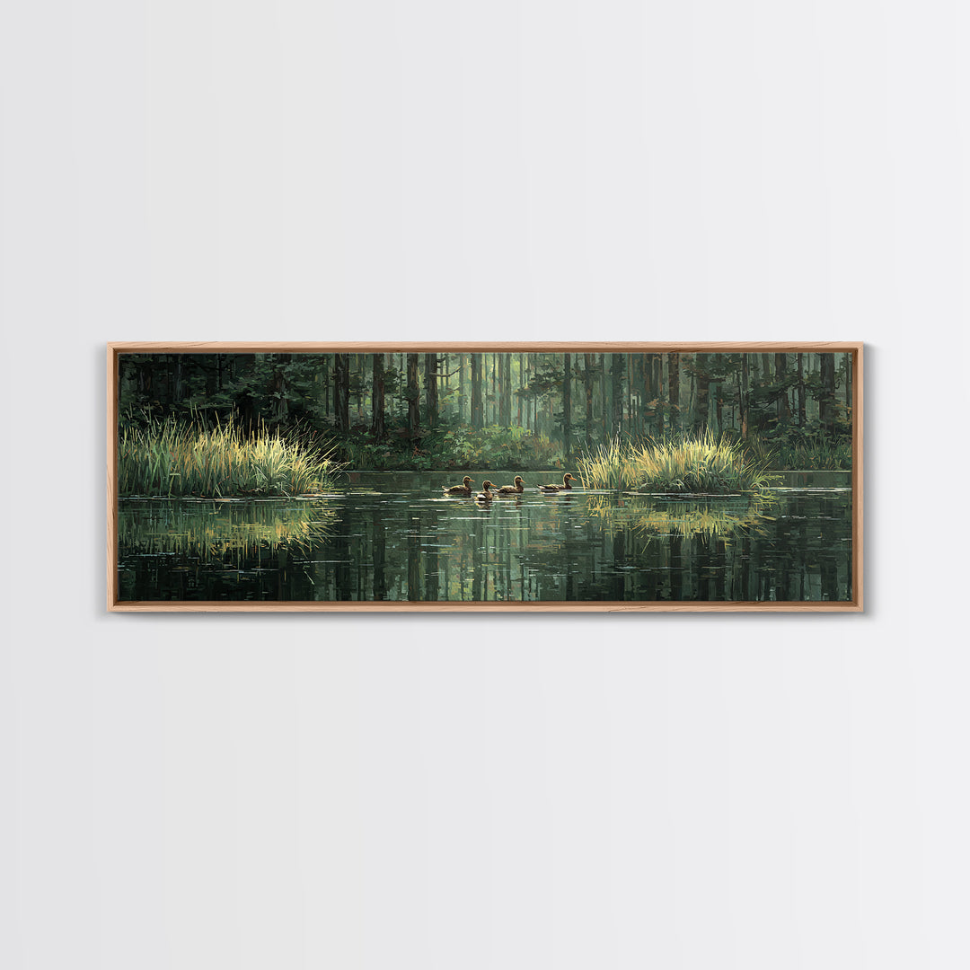 Quiet Forest Pond With Ducks Framed Canvas Print, Nature Wall Art, Rustic Cabin Decor, Green Landscape For Living Room Decor