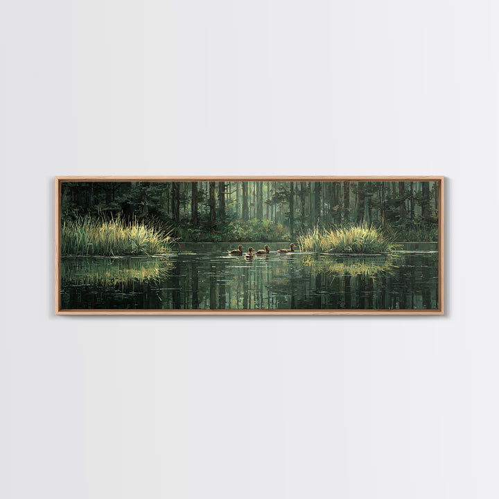 Quiet Forest Pond With Ducks Framed Canvas Print, Nature Wall Art, Rustic Cabin Decor, Green Landscape For Living Room Decor