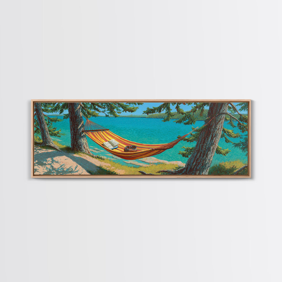 Lakeside Hammock Between Pine Trees Canvas Print, Relaxing Cabin Wall Art, Lake House Decor, Rustic Nature Gift For Living Room Wall Decor