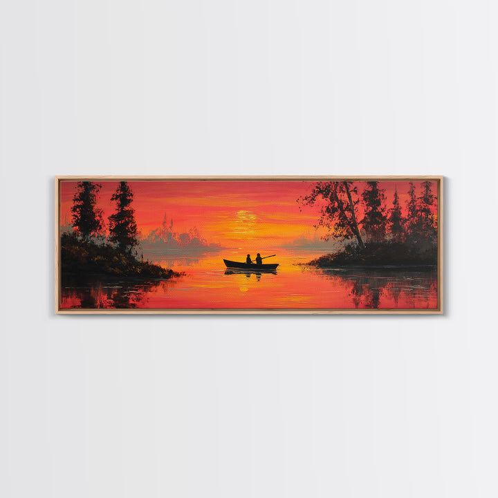 Orange Sunset Canoe Lake Wall Art, Romantic Nature Painting, Cabin Wall Art, Rustic Home Decor, Living Room Landscape Print