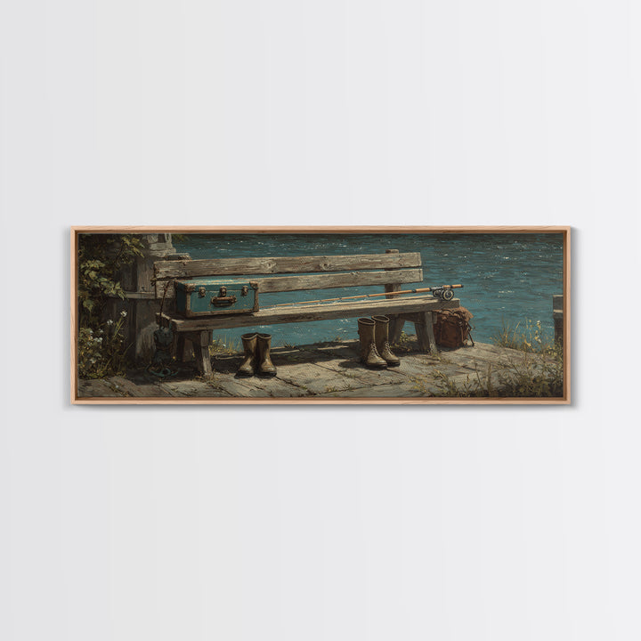 Weathered Lakeside Bench With Boots Canvas Print, Rustic Lake House Wall Art, Fishing Cabin Decor, Moody Landscape Gift For Him