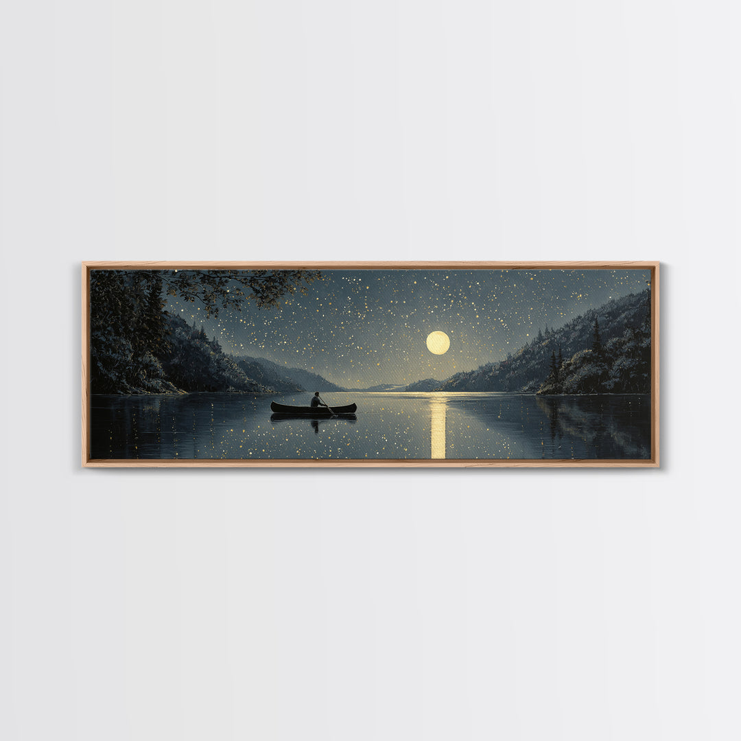 Moonlit Canoe On Snowy Lake Wall Art, Starry Night Landscape Canvas Print, Rustic Cabin Decor For Peaceful Home Living Room Wall Decor