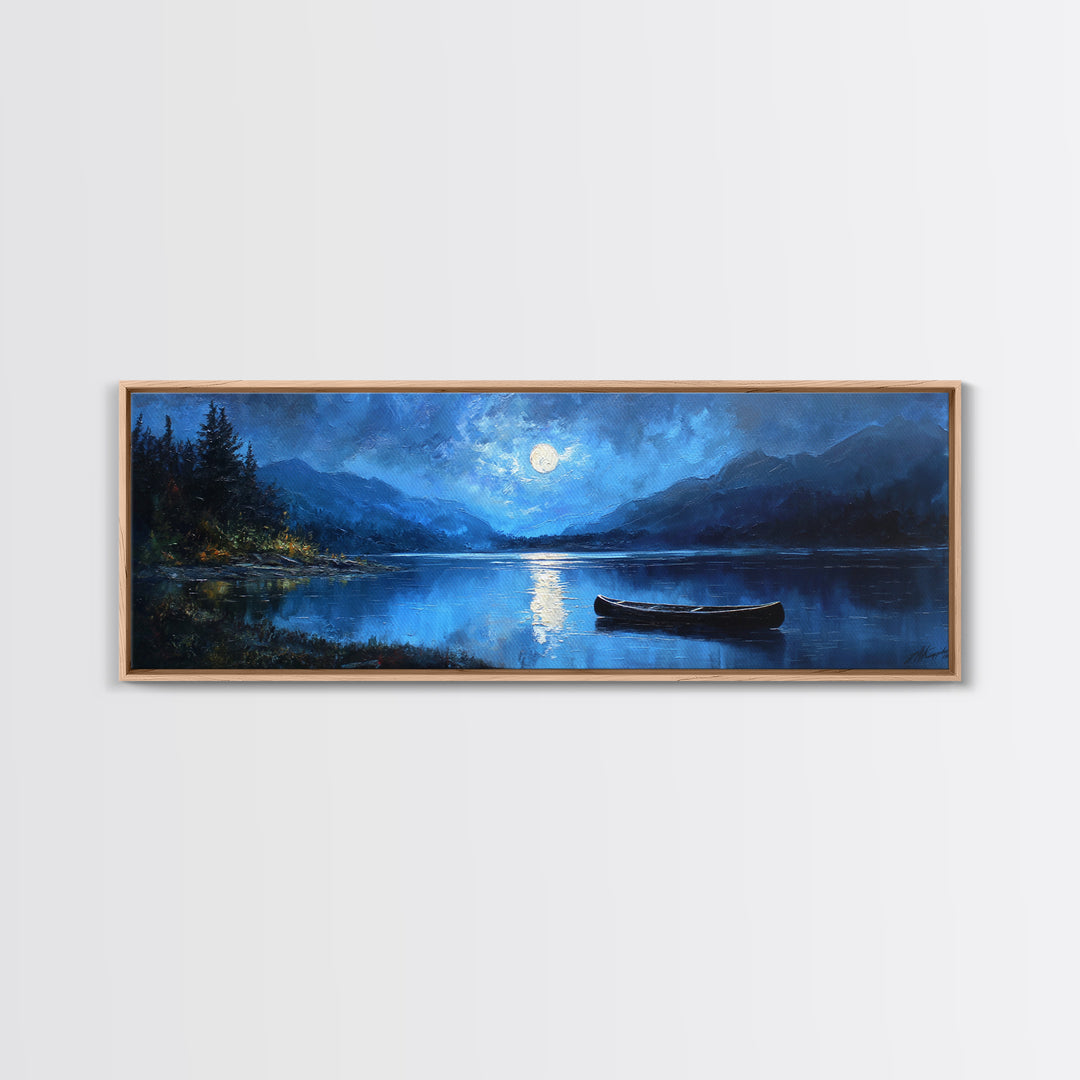 Moonlit Blue Lake Canoe Canvas Print, Moody Landscape Wall Art, Mountain Lake Decor, Cabin Wall Decor, Peaceful Nature Art