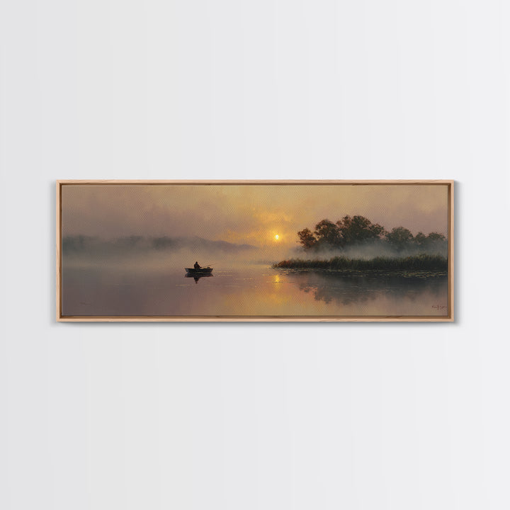 Misty Lake Sunrise With Rowboat Framed Canvas Print, Serene Marsh Landscape Wall Art, Rustic Nature Decor, Peaceful Art
