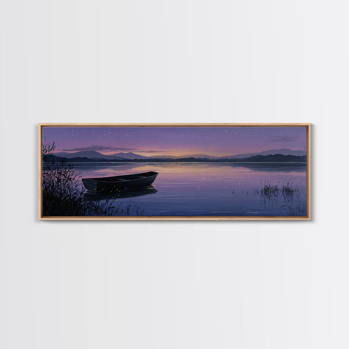 Twilight Lake Boat Framed Canvas Print, Starry Purple Mountain Landscape, Peaceful Cabin Wall Art For Cozy Bedroom Decor