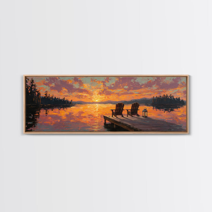 Sunset Lake Dock Chairs Wall Art, Panoramic Cabin Decor, Rustic Lake House Canvas Print, Above Bed Living Room Decor Gift