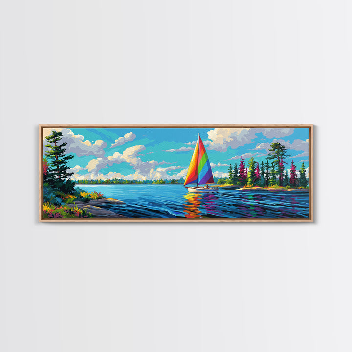 Rainbow Sailboat On Blue Lake Canvas Print, Colorful Wall Art, Coastal Decor, Nautical Poster, Lake House Living Room Art