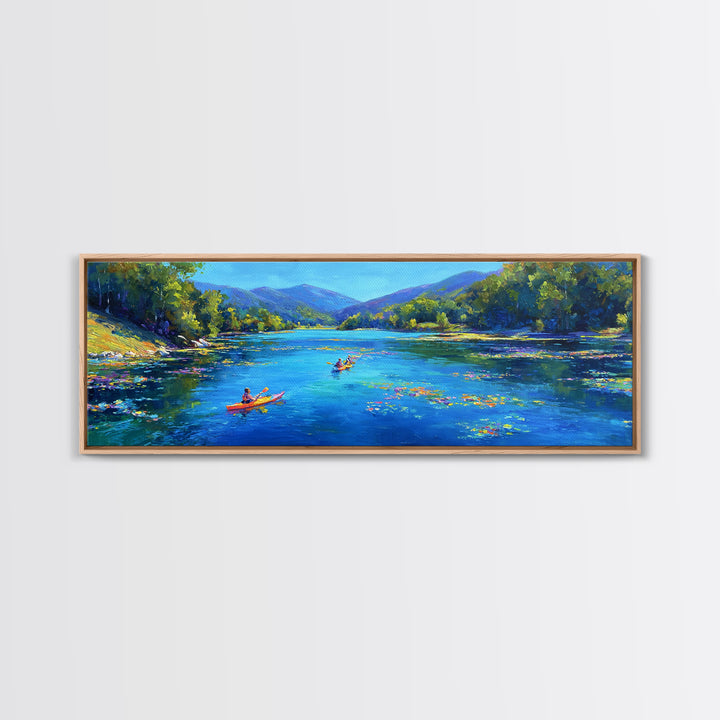 Kayakers On Blue Mountain River Wall Art, Panoramic Landscape Canvas Print, Nature Wall Decor, Living Room Art, Large Horizontal Home Decor