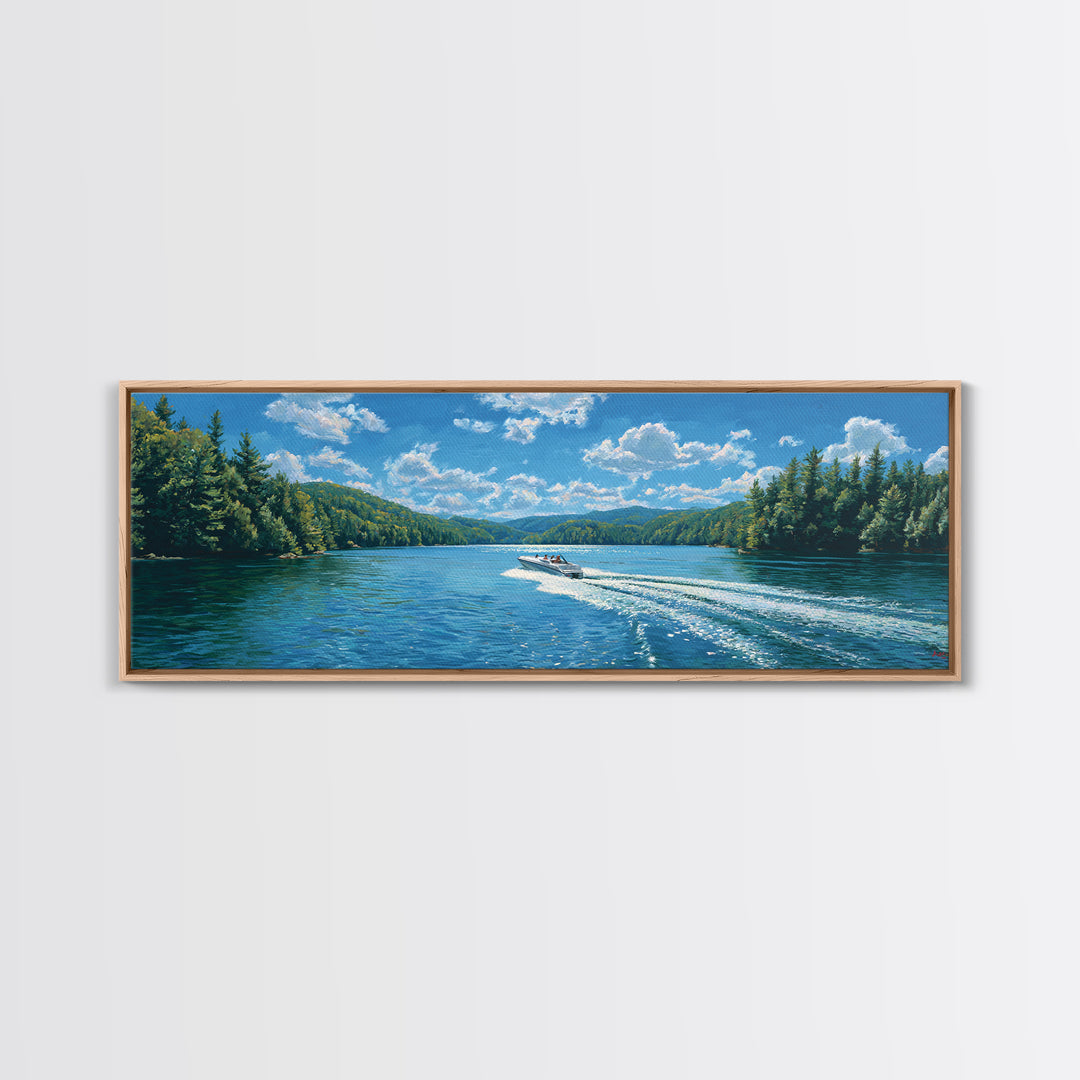 Pine Forest Lake Wall Art, Speedboat Wake Landscape Canvas Print, Lake House Decor, Nature Wall Decor, Large Wall Art Prints