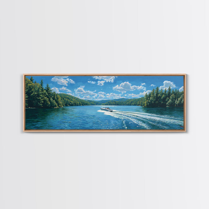 Pine Forest Lake Wall Art, Speedboat Wake Landscape Canvas Print, Lake House Decor, Nature Wall Decor, Large Wall Art Prints