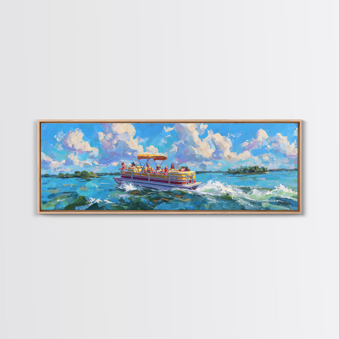 Colorful Pontoon Boat Lake Canvas Print, Coastal Wall Art, Summer Beach Decor, Nautical Landscape, Large Living Room Art
