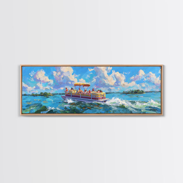 Colorful Pontoon Boat Lake Canvas Print, Coastal Wall Art, Summer Beach Decor, Nautical Landscape, Large Living Room Art