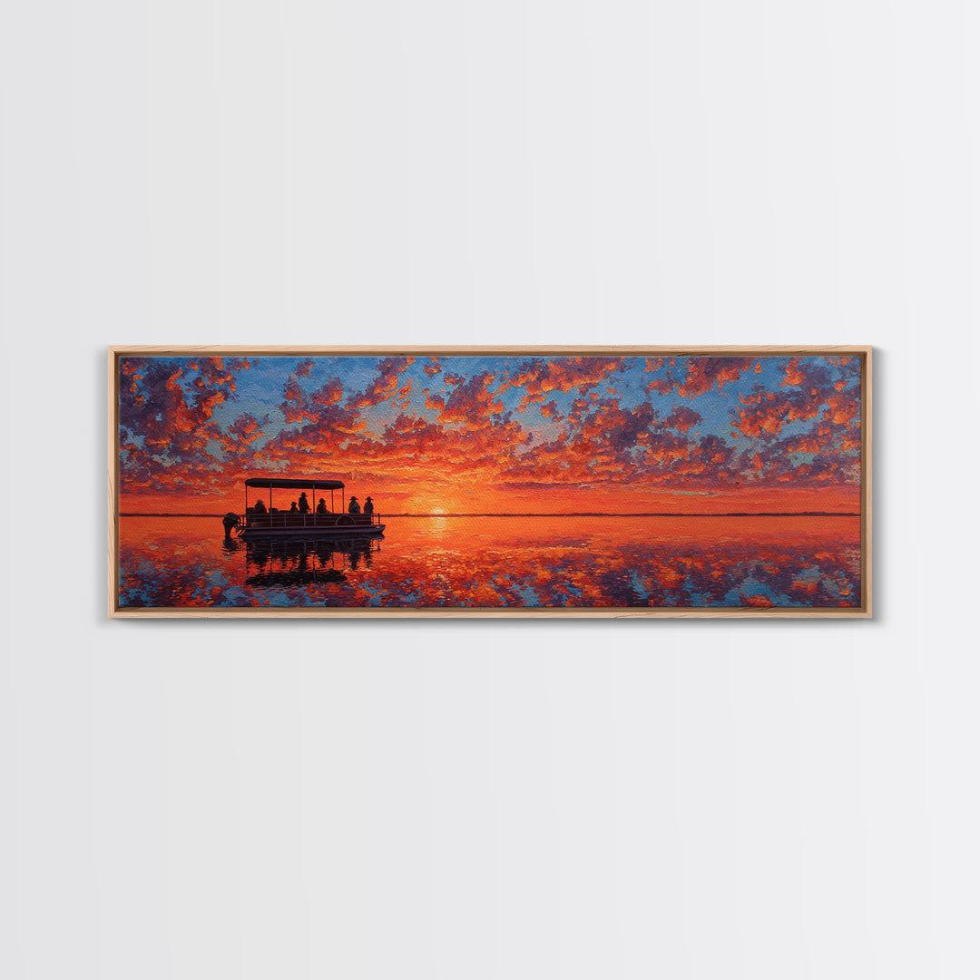 Pontoon Boat On Fiery Sunset Lake Wall Art, Orange Seascape Canvas Print, Nature Decor, Large Landscape Art, Gift For Her