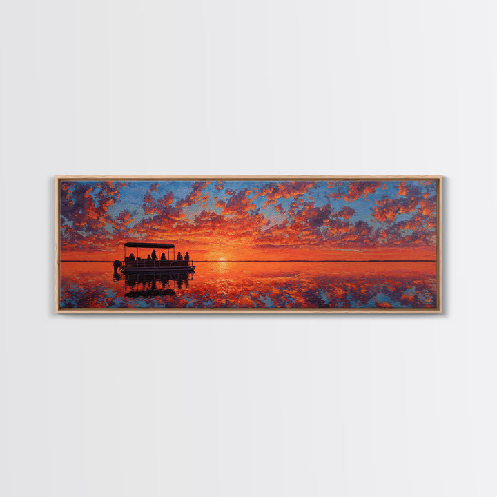 Pontoon Boat On Fiery Sunset Lake Wall Art, Orange Seascape Canvas Print, Nature Decor, Large Landscape Art, Gift For Her