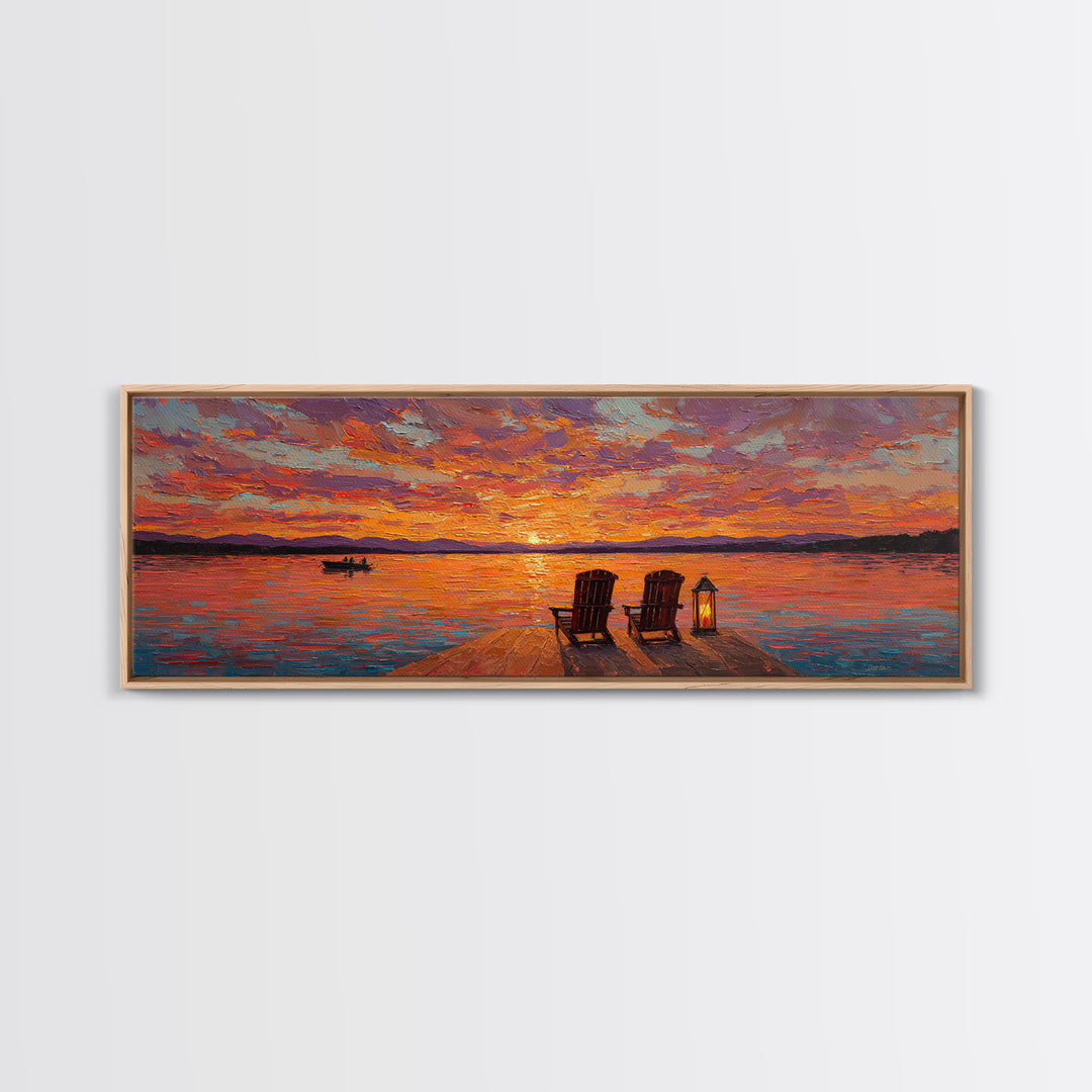 Sunset Dock With Adirondack Chairs Framed Canvas Print, Lake House Wall Art, Colorful Seascape Decor, Romantic Cabin Gift