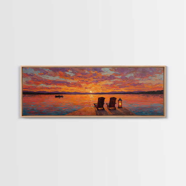 Sunset Dock With Adirondack Chairs Framed Canvas Print, Lake House Wall Art, Colorful Seascape Decor, Romantic Cabin Gift