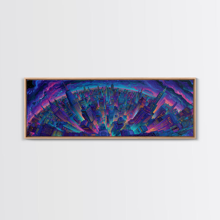 Neon Cyberpunk City Skyline Framed Canvas Print, Futuristic Wall Art, Sci Fi Wall Decor, Gaming Room Art, Urban Home Decor
