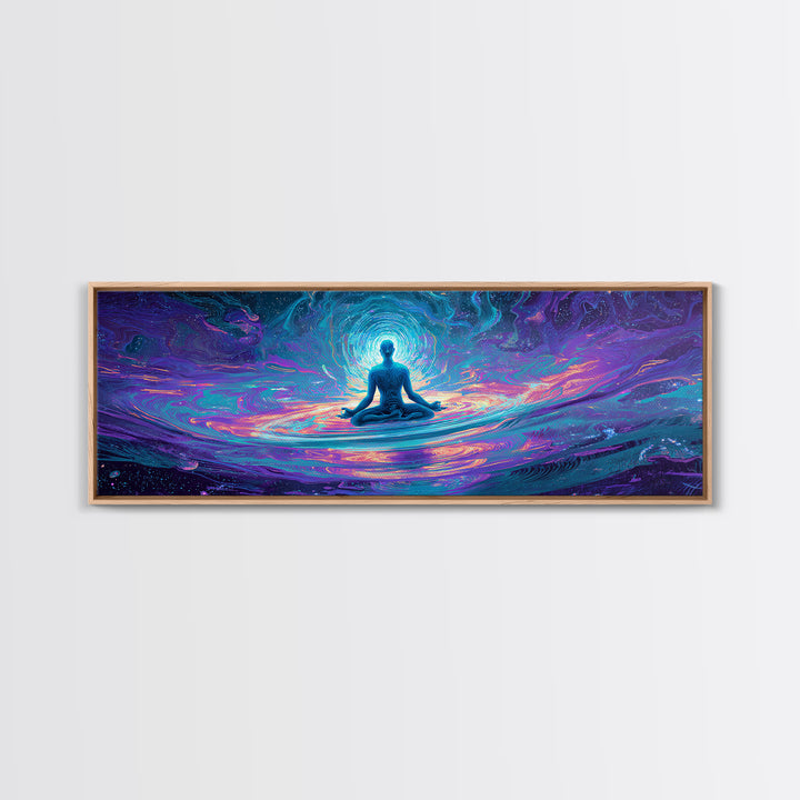 Meditating Figure Cosmic Water Wall Art, Spiritual Celestial Canvas Print, Psychedelic Zen Decor For Yoga Studio Or Meditation Room