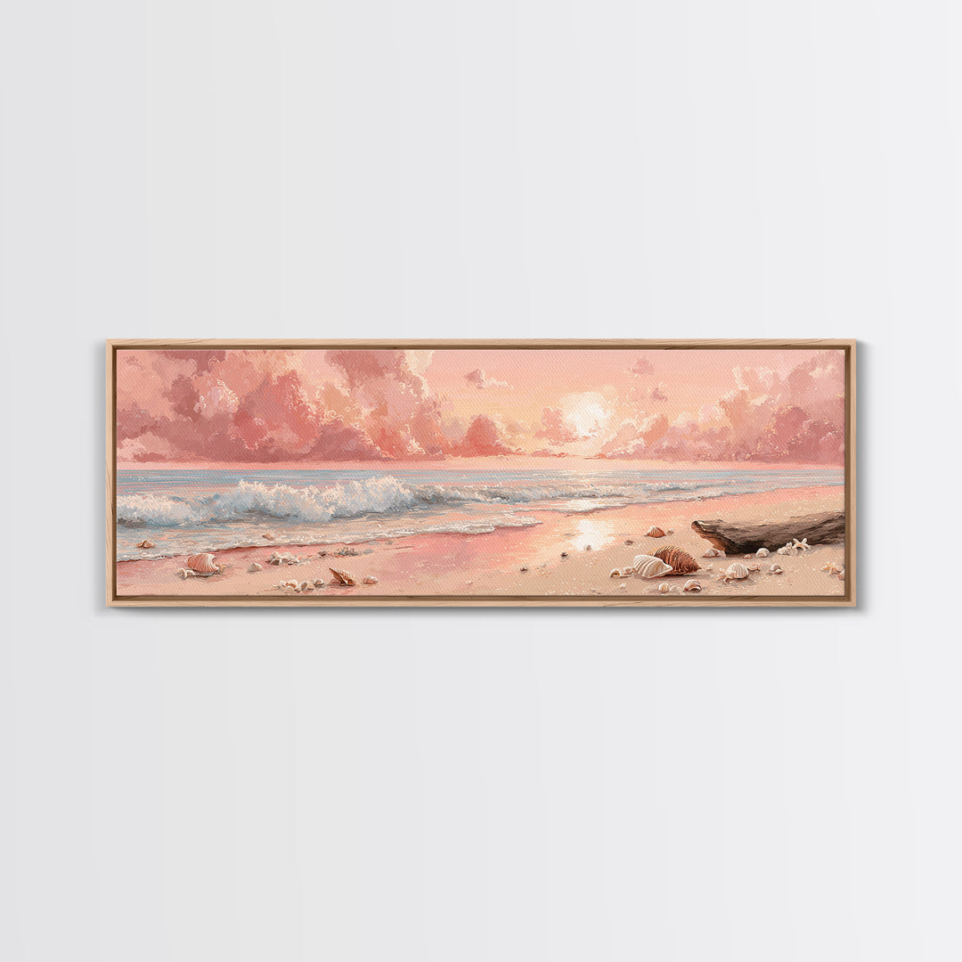 Blush Pink Seashell Beach Sunset Wall Art, Pastel Shore Painting, Coastal Ocean Canvas Decor, Beach House Nursery Decor Gift