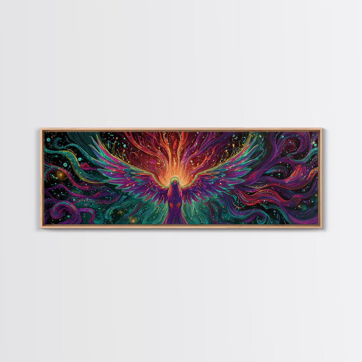 Fiery Rainbow Phoenix Canvas Print, Colorful Fantasy Bird Wall Art, Mythical Creature Decor, Magical Living Room Art, Unique Gift