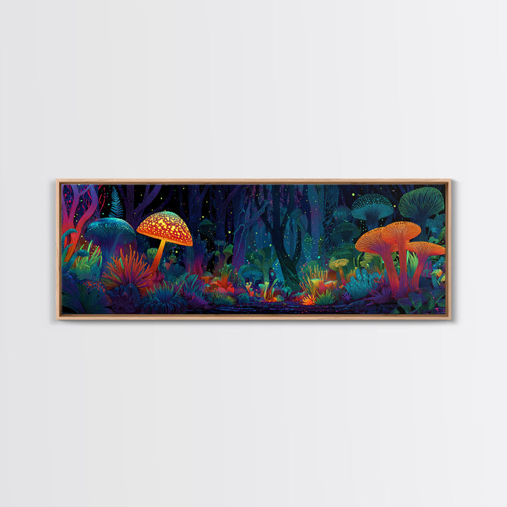 Glowing Mushroom Forest With Neon Woodland Canvas Print, Psychedelic Wall Art For Kids Room Decor And Whimsical Home Decor