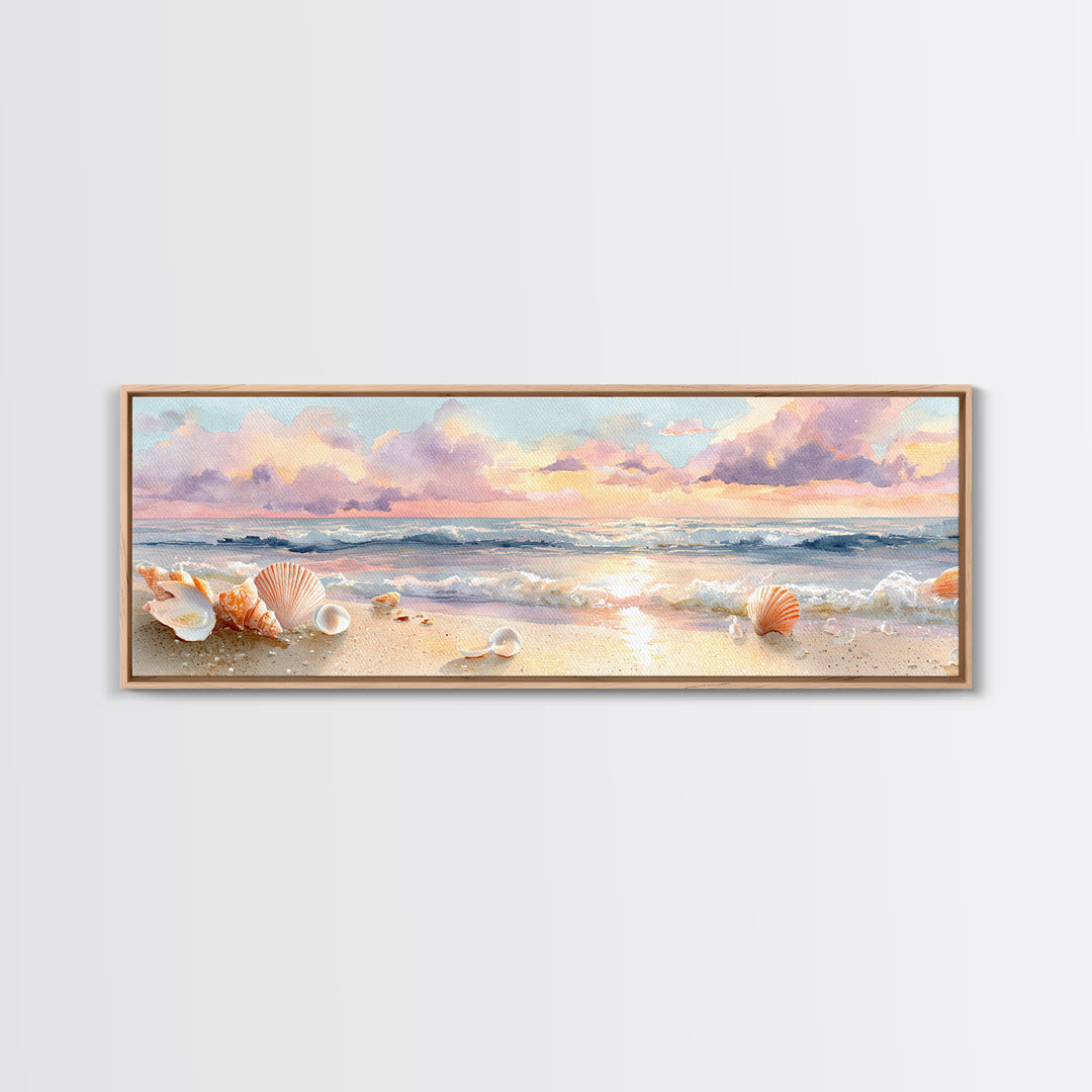 Pastel Seashell Beach Canvas Print, Soft Ocean Wave Shore Painting, Coastal Wall Art, Beach House Bathroom Home Decor Gift