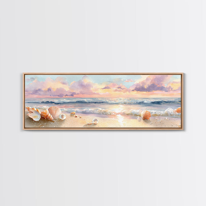 Pastel Seashell Beach Canvas Print, Soft Ocean Wave Shore Painting, Coastal Wall Art, Beach House Bathroom Home Decor Gift