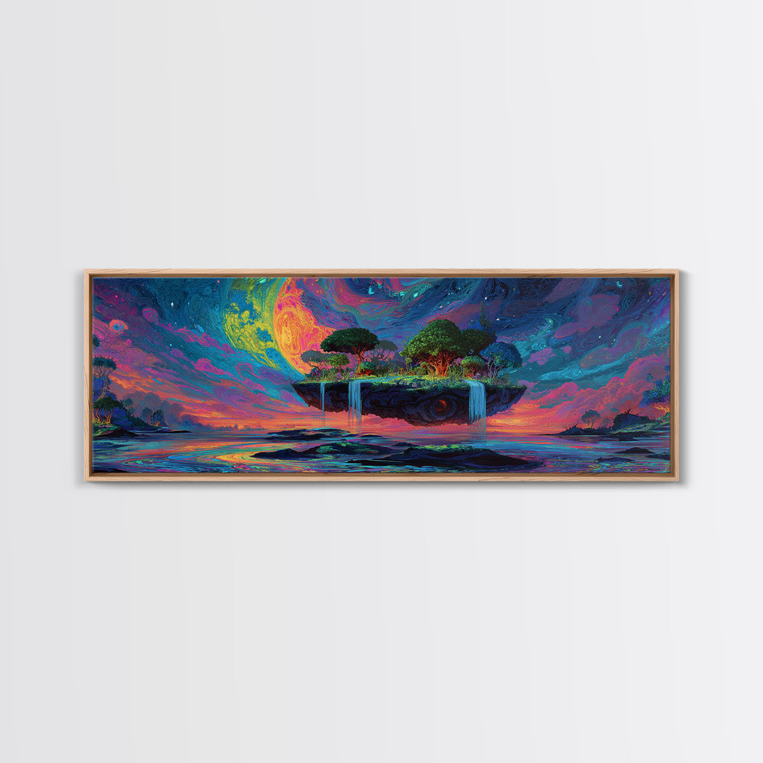 Floating Island Waterfalls Canvas Print, Crescent Moon Fantasy Seascape, Celestial Wall Art For Bedroom Or Living Room Decor