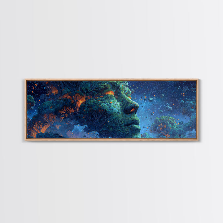 Cosmic Forest Goddess Face Wall Art, Surreal Nature Canvas Print, Mystical Celestial Decor, Psychedelic Large Statement Art
